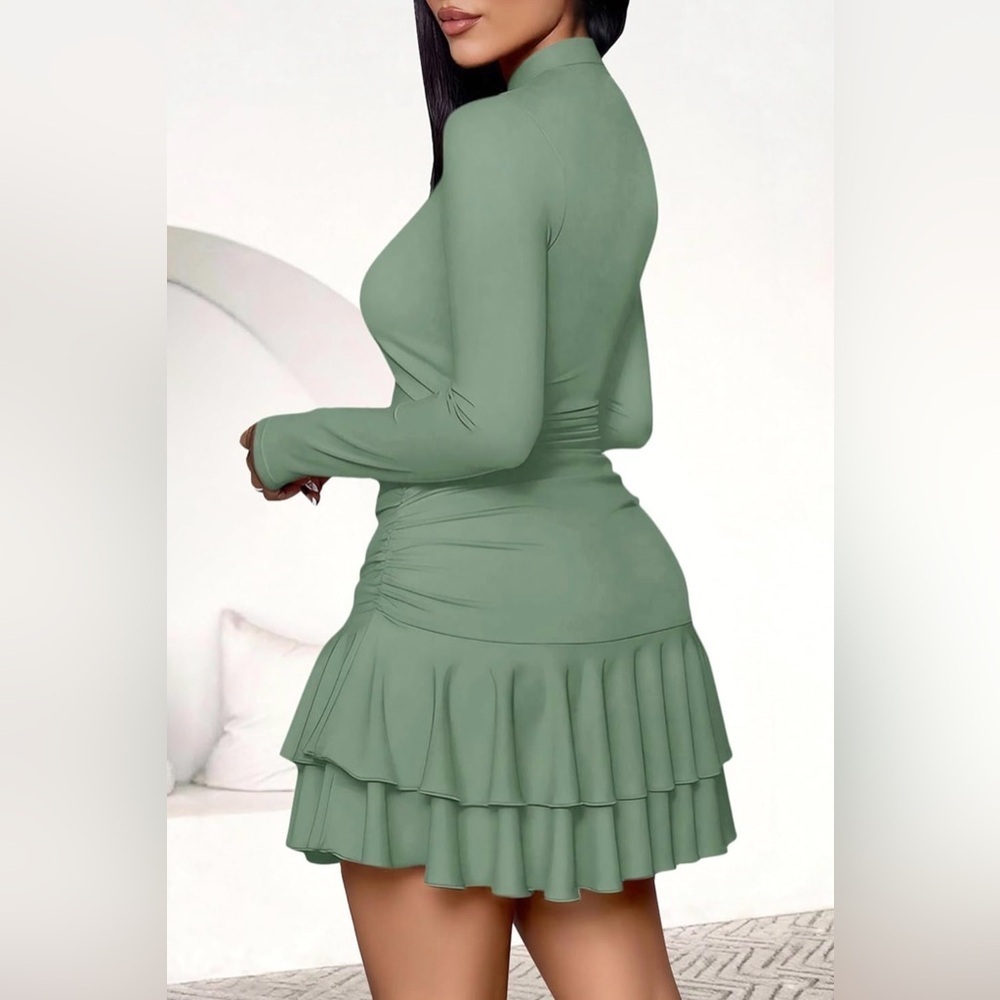 NWT PRETTYGARDEN Womens Spring Long Sleeve Dress with Mock Neck Ruched & Ruffles - Picture 2 of 3